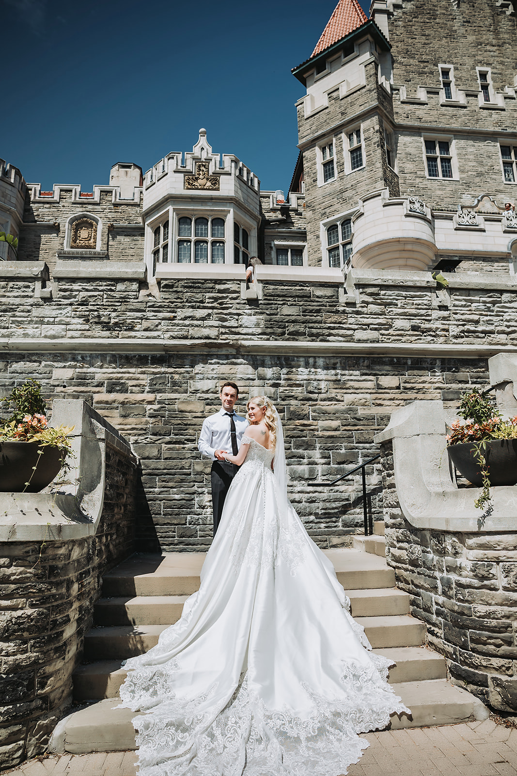 Casa Loma wedding portrait of bride and groom outside the Toronto castle
