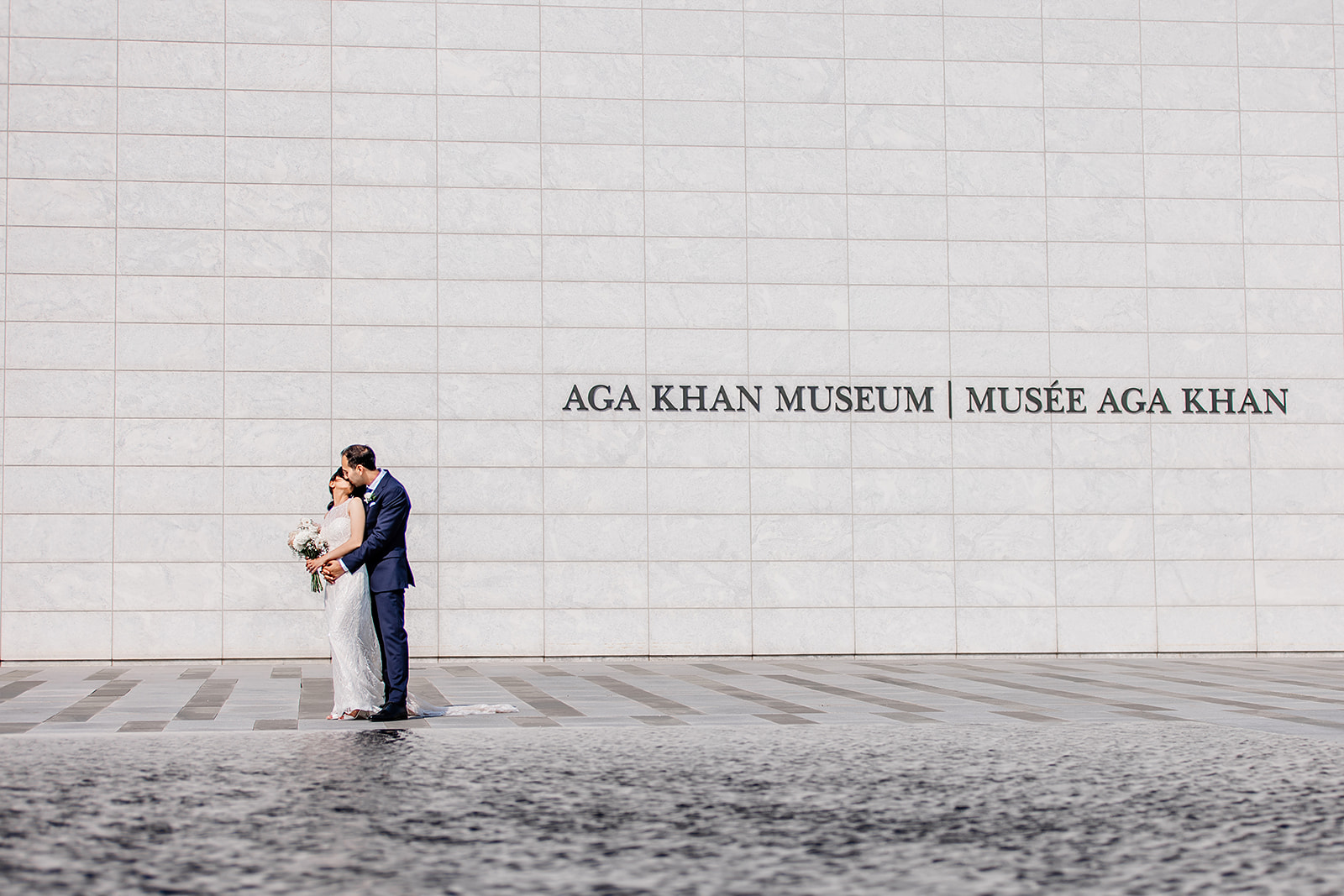 Editorial style wedding photography at Aga Khan Museum with minimalist outdoor